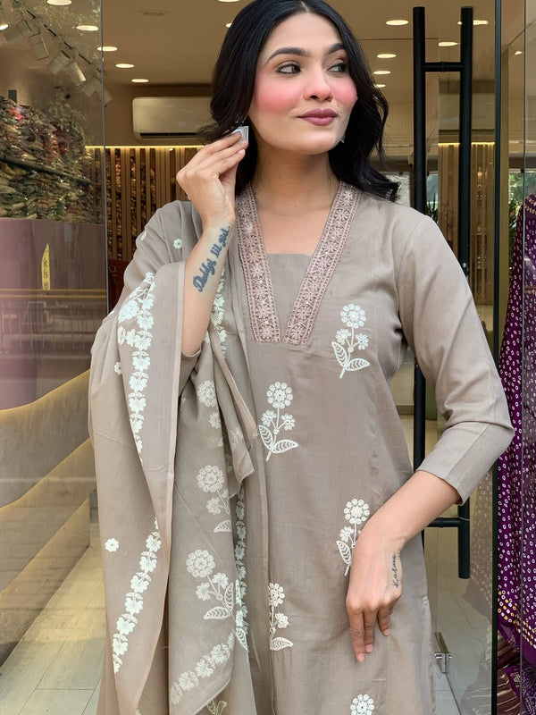 Women's Cotton Embroidered Kurta Pant & Printed Dupatta Set