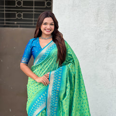 Premium Patola Silk Saree With Meenakari Ikkat Weaving & Brocade Blouse