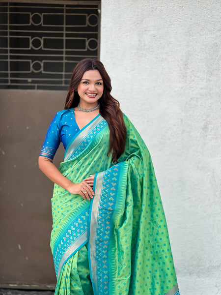 Premium Patola Silk Saree With Meenakari Ikkat Weaving & Brocade Blouse