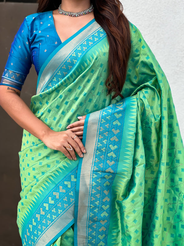 Premium Patola Silk Saree With Meenakari Ikkat Weaving & Brocade Blouse