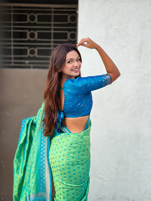 Premium Patola Silk Saree With Meenakari Ikkat Weaving & Brocade Blouse