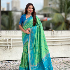 Premium Patola Silk Saree With Meenakari Ikkat Weaving & Brocade Blouse