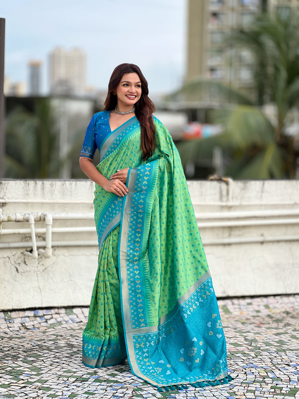 Premium Patola Silk Saree With Meenakari Ikkat Weaving & Brocade Blouse