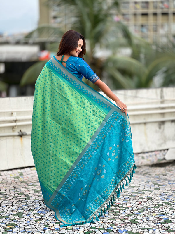 Premium Patola Silk Saree With Meenakari Ikkat Weaving & Brocade Blouse