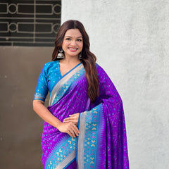 Premium Patola Silk Saree With Meenakari Ikkat Weaving & Brocade Blouse