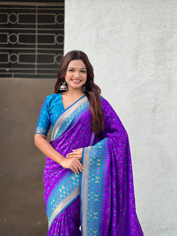 Premium Patola Silk Saree With Meenakari Ikkat Weaving & Brocade Blouse