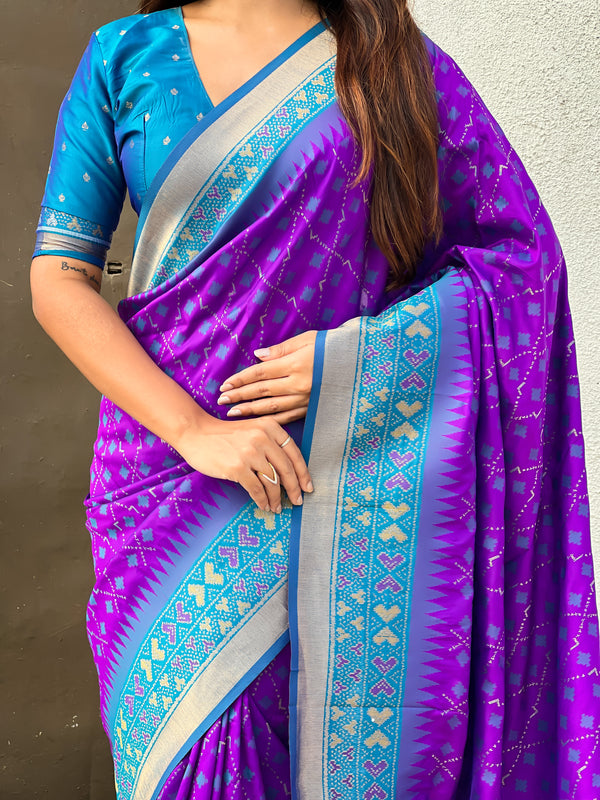 Premium Patola Silk Saree With Meenakari Ikkat Weaving & Brocade Blouse