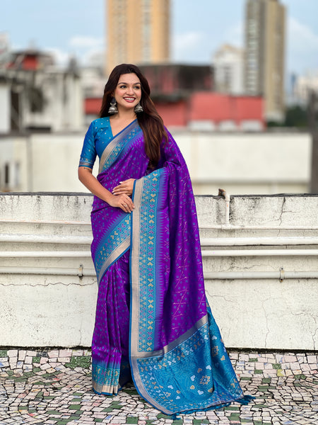 Premium Patola Silk Saree With Meenakari Ikkat Weaving & Brocade Blouse