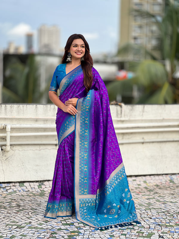 Premium Patola Silk Saree With Meenakari Ikkat Weaving & Brocade Blouse