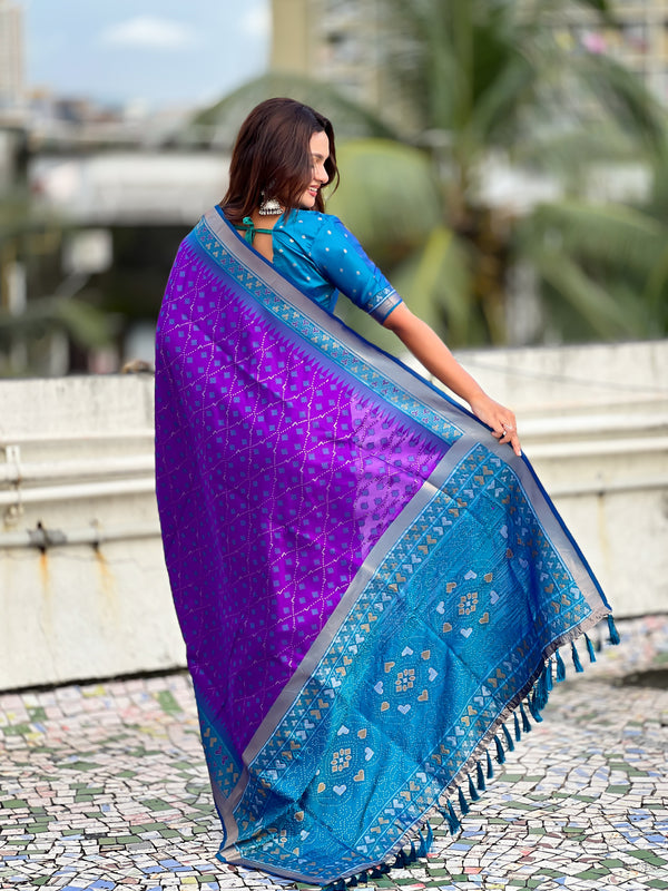 Premium Patola Silk Saree With Meenakari Ikkat Weaving & Brocade Blouse