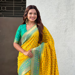 Premium Patola Silk Saree With Meenakari Ikkat Weaving & Brocade Blouse