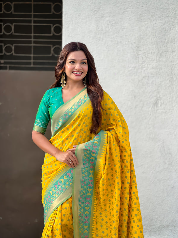 Premium Patola Silk Saree With Meenakari Ikkat Weaving & Brocade Blouse
