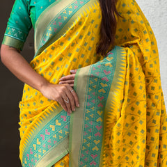 Premium Patola Silk Saree With Meenakari Ikkat Weaving & Brocade Blouse