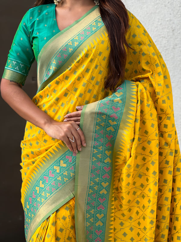 Premium Patola Silk Saree With Meenakari Ikkat Weaving & Brocade Blouse