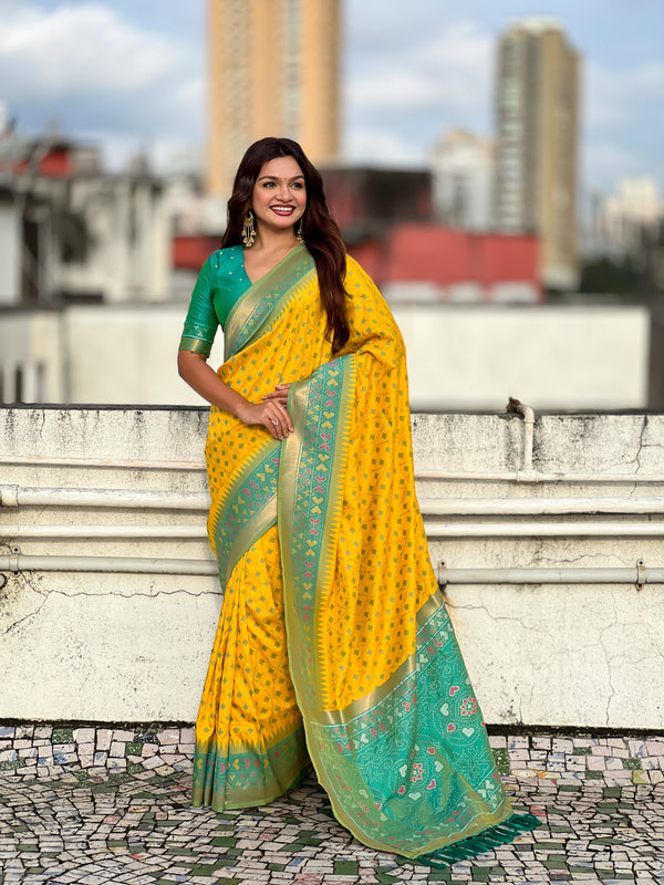 Premium Patola Silk Saree With Meenakari Ikkat Weaving & Brocade Blouse