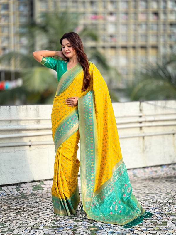 Premium Patola Silk Saree With Meenakari Ikkat Weaving & Brocade Blouse
