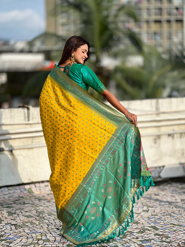 Premium Patola Silk Saree With Meenakari Ikkat Weaving & Brocade Blouse