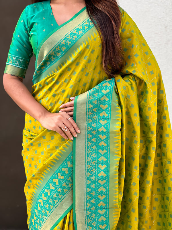 Premium Patola Silk Saree With Meenakari Ikkat Weaving & Brocade Blouse