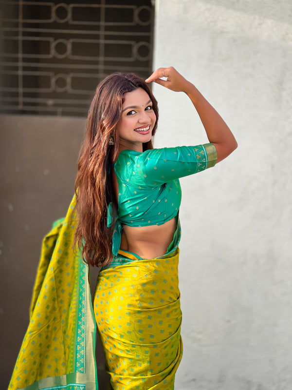 Premium Patola Silk Saree With Meenakari Ikkat Weaving & Brocade Blouse