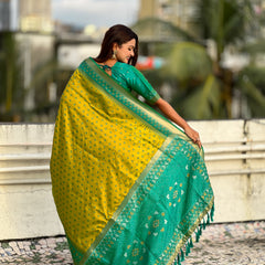 Premium Patola Silk Saree With Meenakari Ikkat Weaving & Brocade Blouse