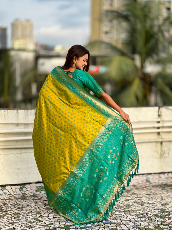 Premium Patola Silk Saree With Meenakari Ikkat Weaving & Brocade Blouse