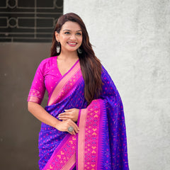 Premium Patola Silk Saree With Meenakari Ikkat Weaving & Brocade Blouse