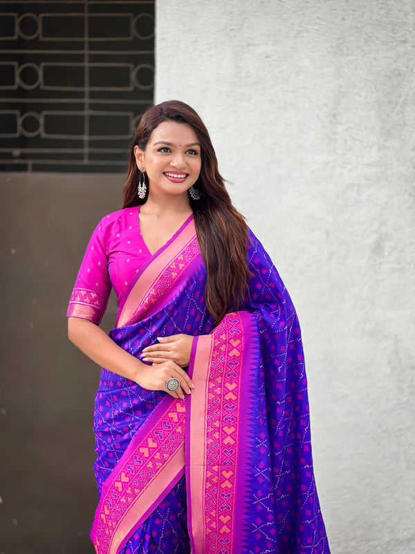 Premium Patola Silk Saree With Meenakari Ikkat Weaving & Brocade Blouse