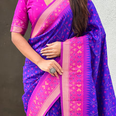 Premium Patola Silk Saree With Meenakari Ikkat Weaving & Brocade Blouse