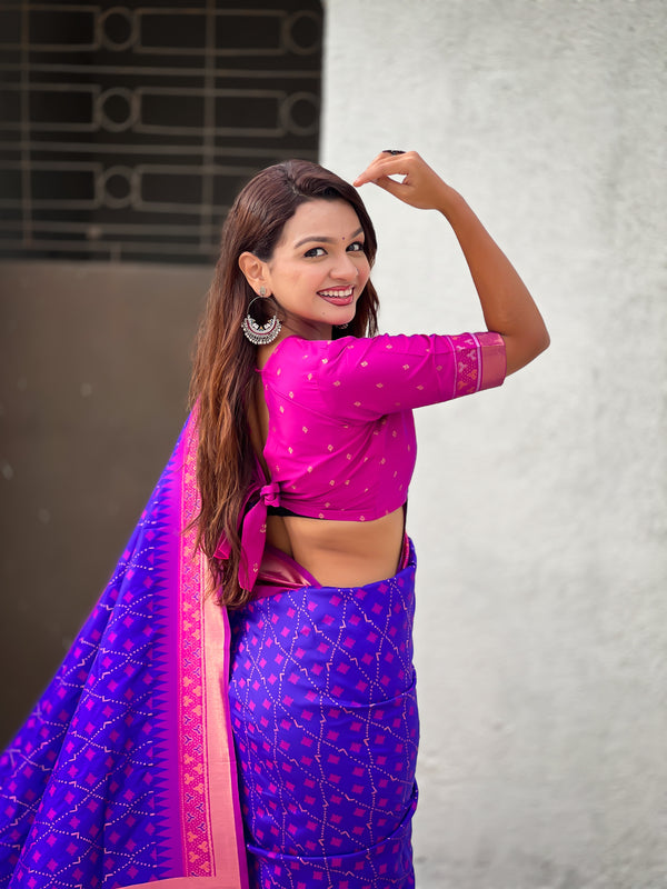 Premium Patola Silk Saree With Meenakari Ikkat Weaving & Brocade Blouse