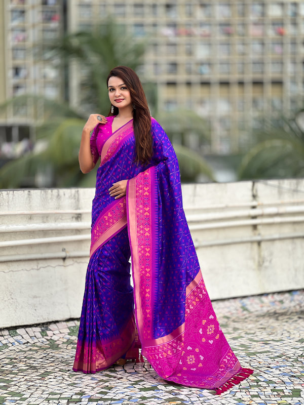 Premium Patola Silk Saree With Meenakari Ikkat Weaving & Brocade Blouse