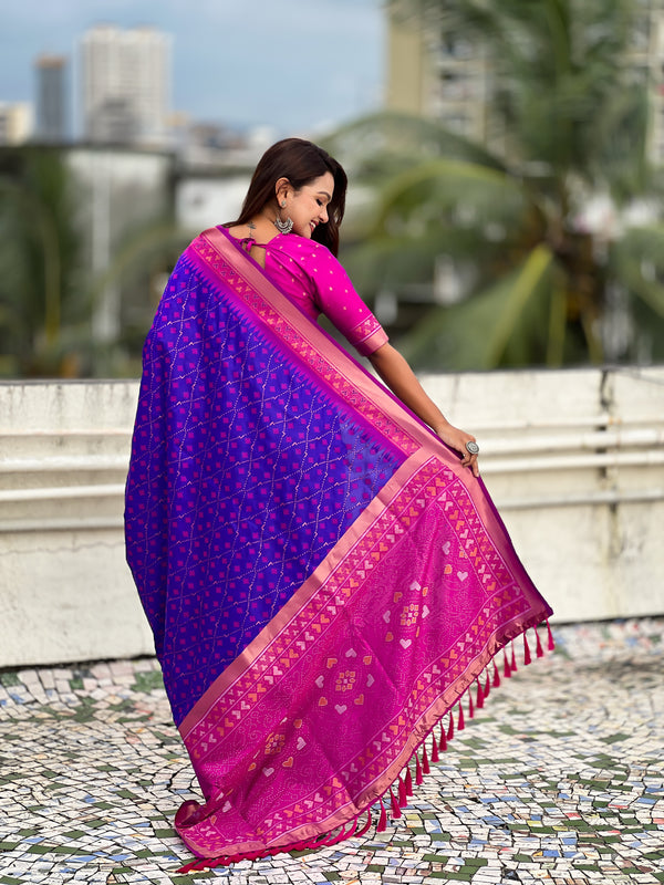 Premium Patola Silk Saree With Meenakari Ikkat Weaving & Brocade Blouse