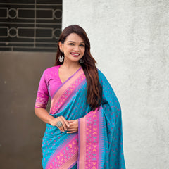 Premium Patola Silk Saree With Meenakari Ikkat Weaving & Brocade Blouse