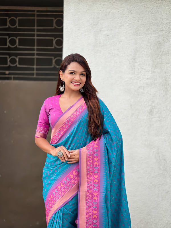 Premium Patola Silk Saree With Meenakari Ikkat Weaving & Brocade Blouse