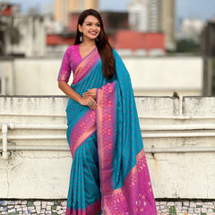 Premium Patola Silk Saree With Meenakari Ikkat Weaving & Brocade Blouse