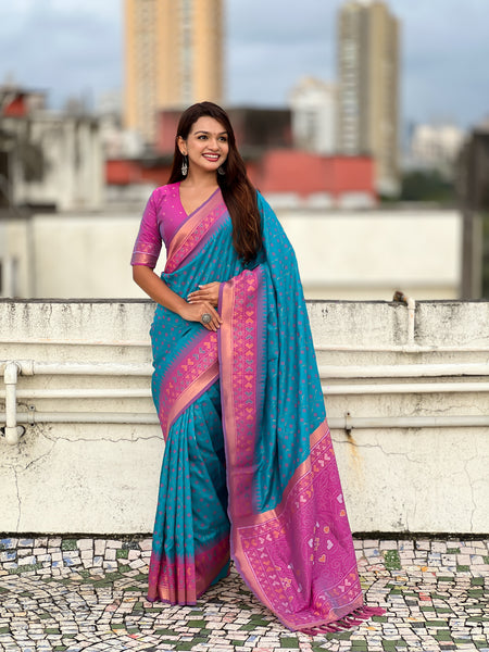 Premium Patola Silk Saree With Meenakari Ikkat Weaving & Brocade Blouse