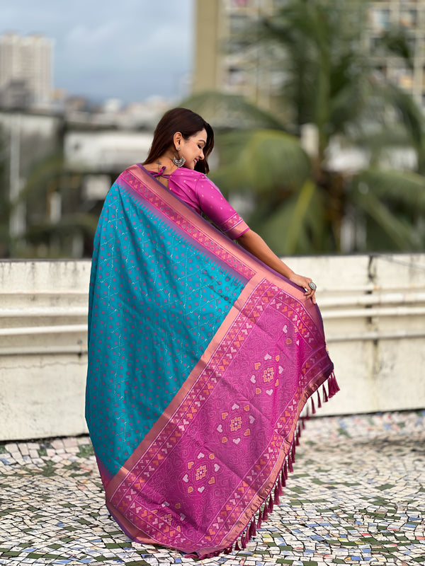 Premium Patola Silk Saree With Meenakari Ikkat Weaving & Brocade Blouse