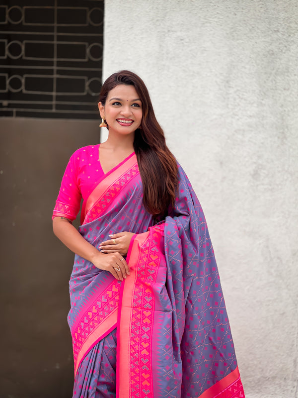 Premium Patola Silk Saree With Meenakari Ikkat Weaving & Brocade Blouse