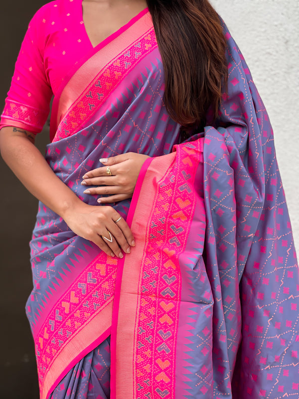 Premium Patola Silk Saree With Meenakari Ikkat Weaving & Brocade Blouse