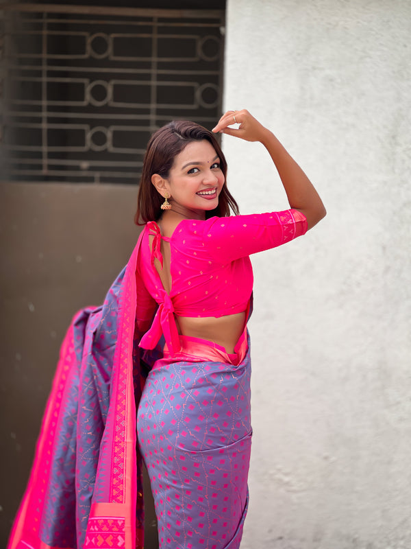Premium Patola Silk Saree With Meenakari Ikkat Weaving & Brocade Blouse