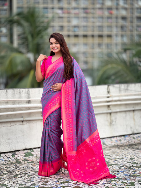 Premium Patola Silk Saree With Meenakari Ikkat Weaving & Brocade Blouse