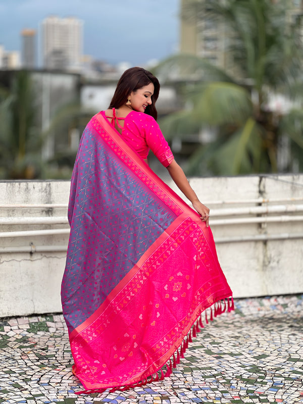 Premium Patola Silk Saree With Meenakari Ikkat Weaving & Brocade Blouse