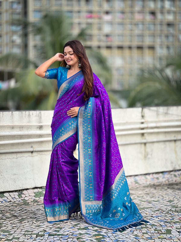 Premium Patola Silk Saree With Meenakari Ikkat Weaving & Brocade Blouse