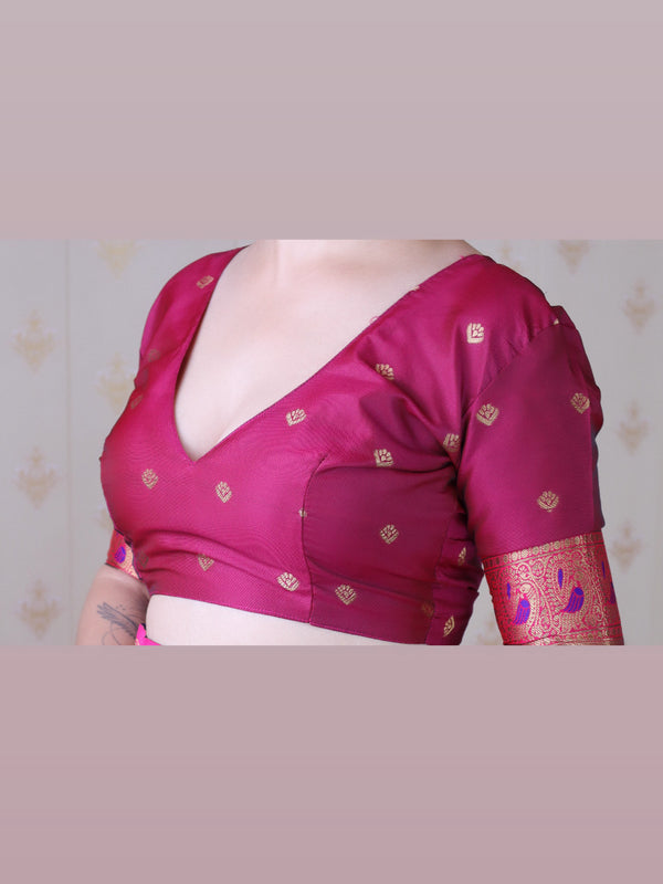 Soft Silk Banarasi Saree with Peacock Butta Meenakari Motifs & Blouse Piece