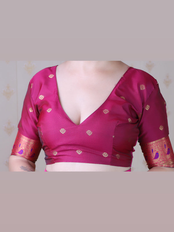 Soft Silk Banarasi Saree with Peacock Butta Meenakari Motifs & Blouse Piece