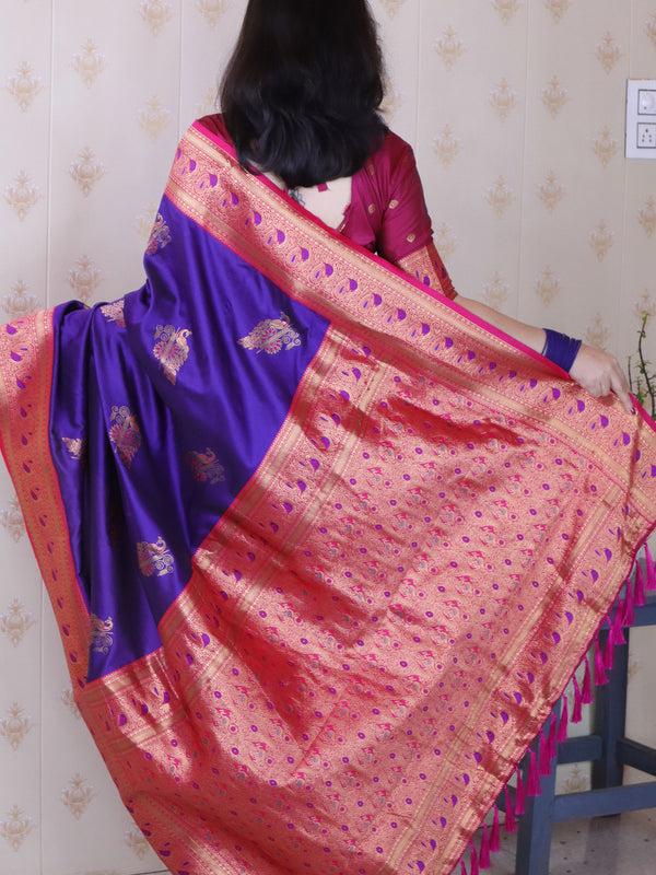 Soft Silk Banarasi Saree with Peacock Butta Meenakari Motifs & Blouse Piece