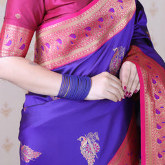 Soft Silk Banarasi Saree with Peacock Butta Meenakari Motifs & Blouse Piece
