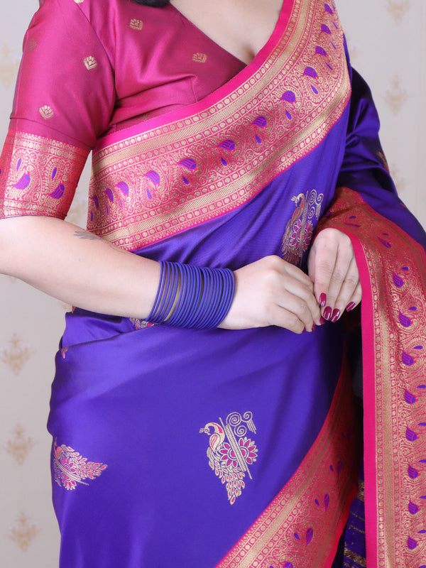 Soft Silk Banarasi Saree with Peacock Butta Meenakari Motifs & Blouse Piece