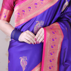 Soft Silk Banarasi Saree with Peacock Butta Meenakari Motifs & Blouse Piece