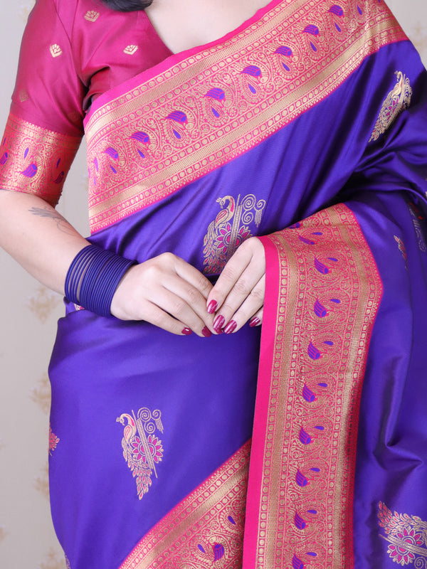 Soft Silk Banarasi Saree with Peacock Butta Meenakari Motifs & Blouse Piece