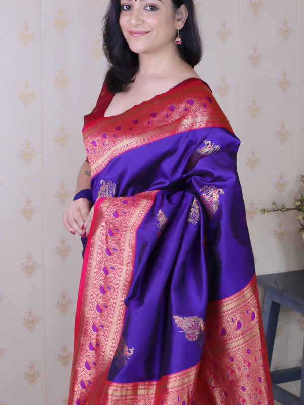 Soft Silk Banarasi Saree with Peacock Butta Meenakari Motifs & Blouse Piece